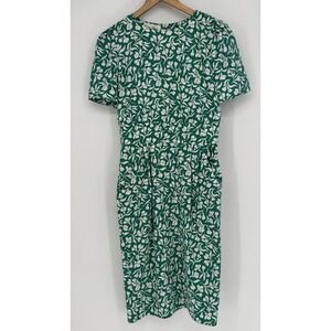 80s Secretary‎ Dress Women's Size 8 Petite Green Satin White Floral Pockets Midi